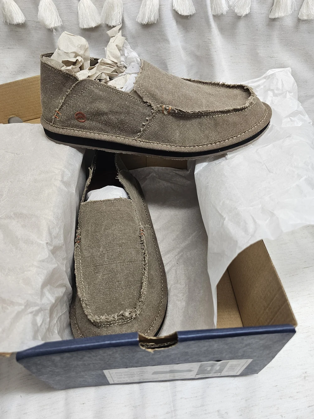 Magellan Outdoors Men's Canvas Slip-On Loafers in Olive Green with Orange Insole
